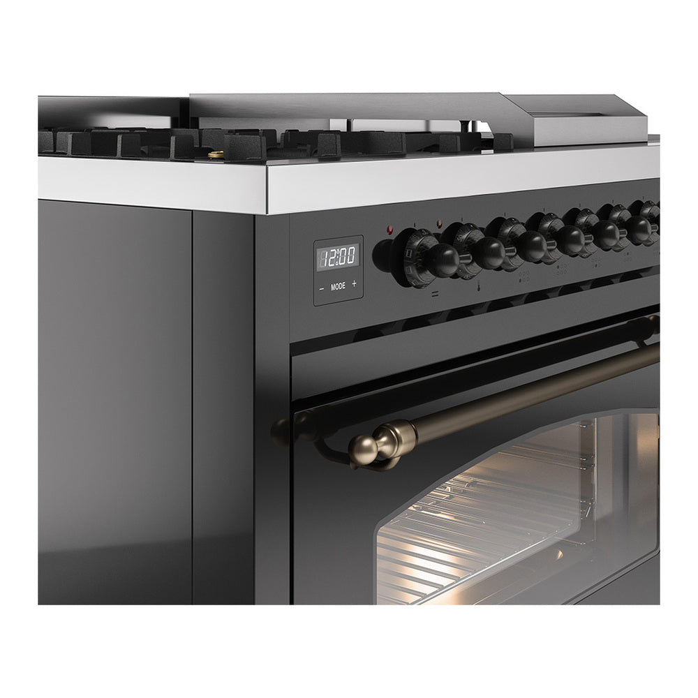 ILVE Nostalgie II 48" Glossy Black Dual Fuel Range with 5 Burners, Griddle and French Top Triple Glass Door Natural Gas