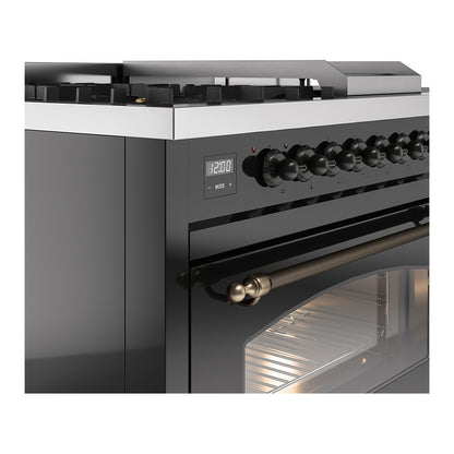 ILVE Nostalgie II 48" Glossy Black Dual Fuel Range with 5 Burners, Griddle and French Top Triple Glass Door Natural Gas