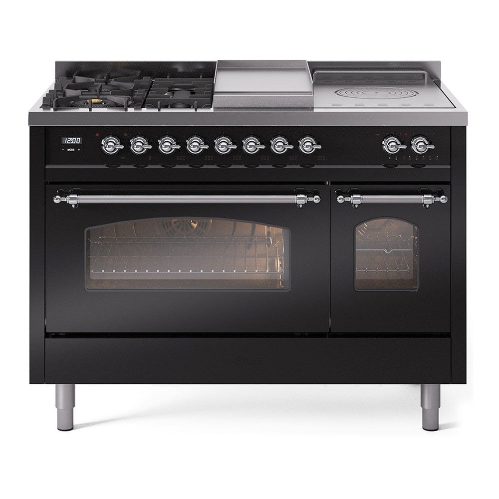ILVE Nostalgie II 48" Glossy Black Dual Fuel Range with 5 Burners, Griddle and French Top Triple Glass Door Natural Gas