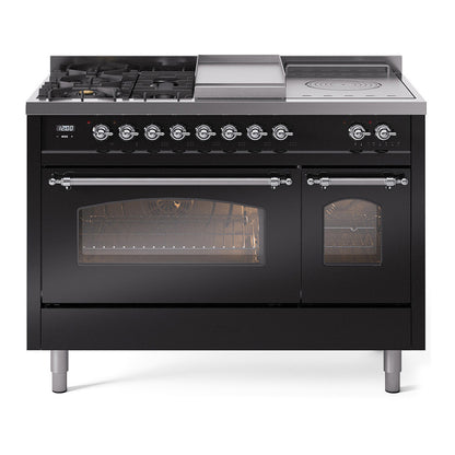ILVE Nostalgie II 48" Glossy Black Dual Fuel Range with 5 Burners, Griddle and French Top Triple Glass Door Natural Gas