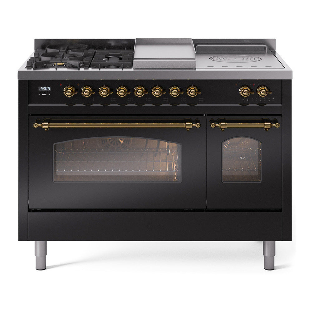 ILVE Nostalgie II 48" Glossy Black Dual Fuel Range with 5 Burners, Griddle and French Top Triple Glass Door Natural Gas