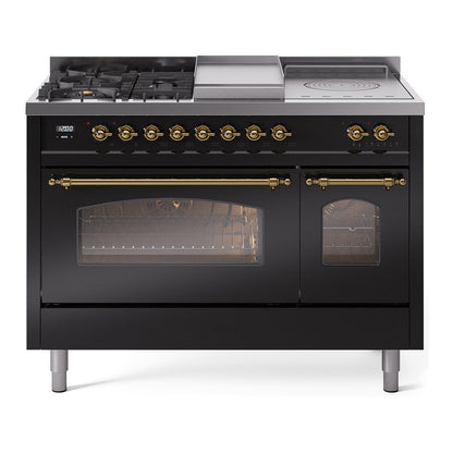 ILVE Nostalgie II 48" Glossy Black Dual Fuel Range with 5 Burners, Griddle and French Top Triple Glass Door Natural Gas