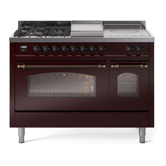 ILVE Nostalgie II 48" Burgundy Dual Fuel Range with 5 Burners, Griddle and French Top Triple Glass Door Natural Gas