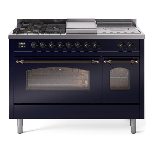 ILVE Nostalgie II 48" Midnight Blue Dual Fuel Range with 5 Burners, Griddle and French Top Triple Glass Door Liquid Propane