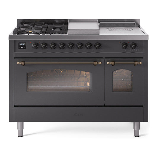 ILVE Nostalgie II 48" Graphite Matte Dual Fuel Range with 5 Burners, Griddle and French Top Triple Glass Door Liquid Propane