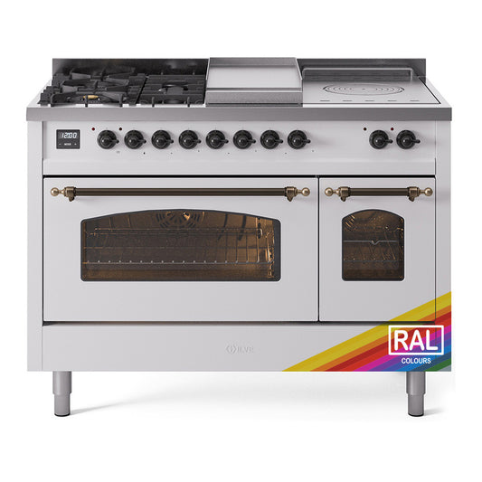 ILVE Nostalgie II 48" RAL Dual Fuel Range with 5 Burners, Griddle and French Top Triple Glass Door Liquid Propane