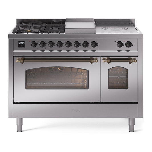 ILVE Nostalgie II 48" Stainless Steel Dual Fuel Range with 5 Burners, Griddle and French Top Triple Glass Door Liquid Propane