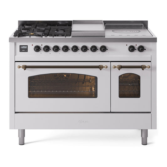 ILVE Nostalgie II 48" White Dual Fuel Range with 5 Burners, Griddle and French Top Triple Glass Door Liquid Propane