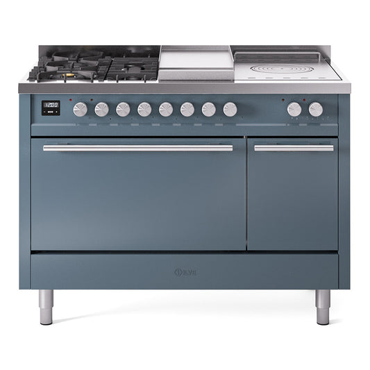 ILVE Professional Plus II 48" Dual Fuel Range with 5 Burners, Griddle and French Top Solid Door Liquid Propane
