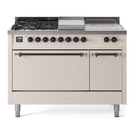 ILVE Nostalgie II 48" Antique White Dual Fuel Range with 5 Burners, Griddle and French Top Solid Door Liquid Propane