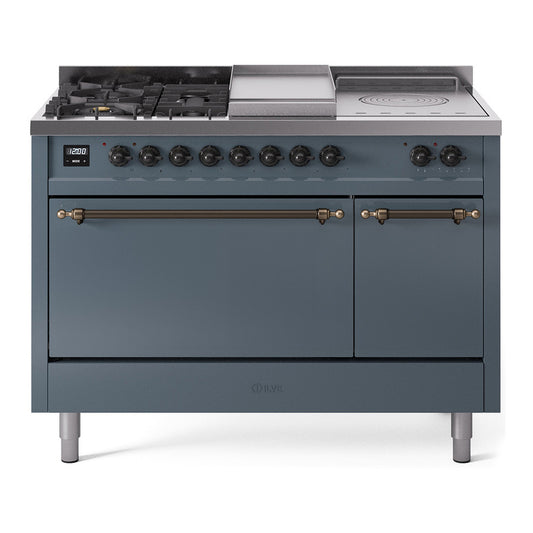 ILVE Nostalgie II 48" Blue Grey Dual Fuel Range with 5 Burners, Griddle and French Top Solid Door Liquid Propane