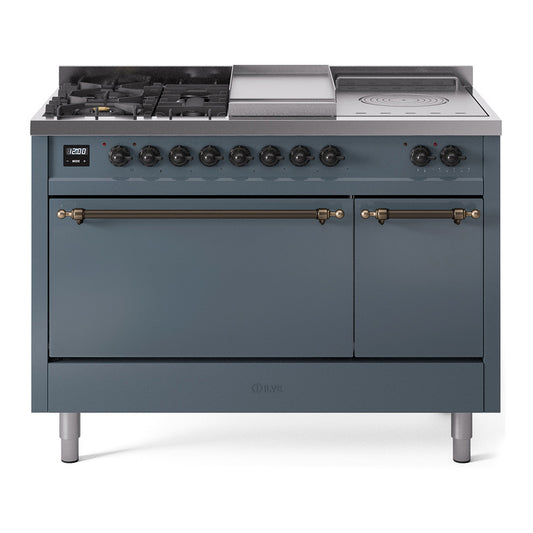 ILVE Nostalgie II 48" Blue Grey Dual Fuel Range with 5 Burners, Griddle and French Top Solid Door Natural Gas
