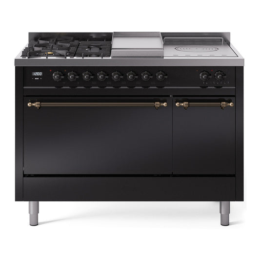 ILVE Nostalgie II 48" Glossy Black Dual Fuel Range with 5 Burners, Griddle and French Top Solid Door Natural Gas