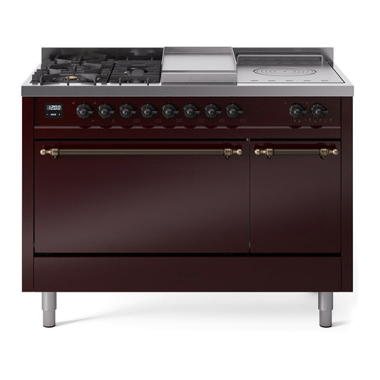 ILVE Nostalgie II 48" Burgundy Dual Fuel Range with 5 Burners, Griddle and French Top Solid Door Liquid Propane