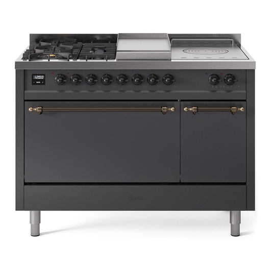 ILVE Nostalgie II 48" Graphite Matte Dual Fuel Range with 5 Burners, Griddle and French Top Solid Door Liquid Propane