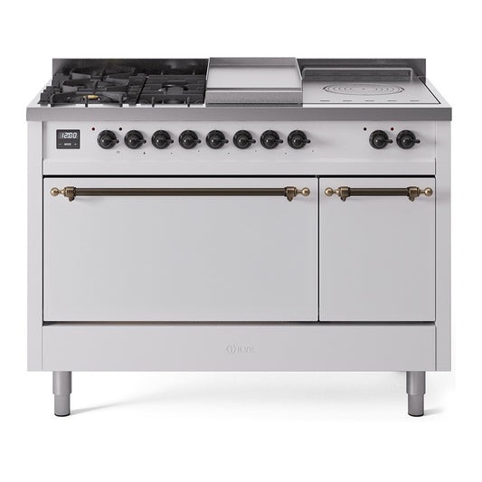 ILVE Nostalgie II 48" White Dual Fuel Range with 5 Burners, Griddle and French Top Solid Door Liquid Propane