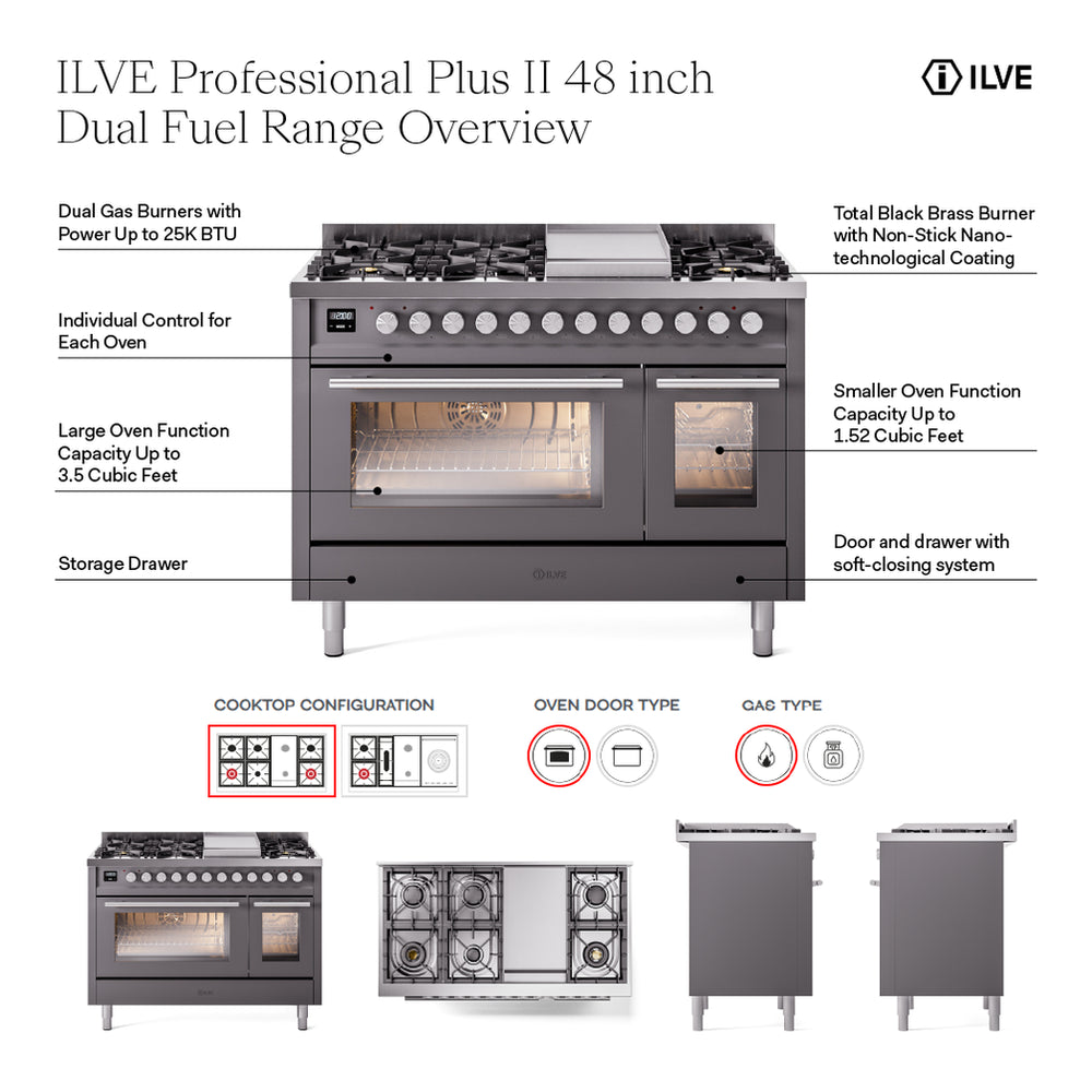 ILVE Professional Plus II 48" Dual Fuel Range with 5 Burners, Griddle and French Top Triple Glass Door Natural Gas