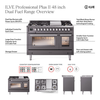 ILVE Professional Plus II 48" Dual Fuel Range with 5 Burners, Griddle and French Top Triple Glass Door Natural Gas