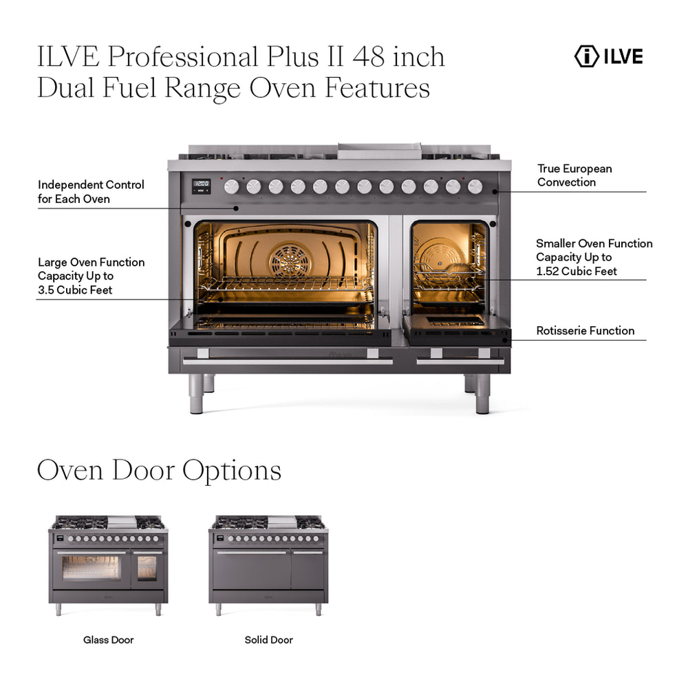 ILVE Professional Plus II 48" Dual Fuel Range with 5 Burners, Griddle and French Top Triple Glass Door Natural Gas