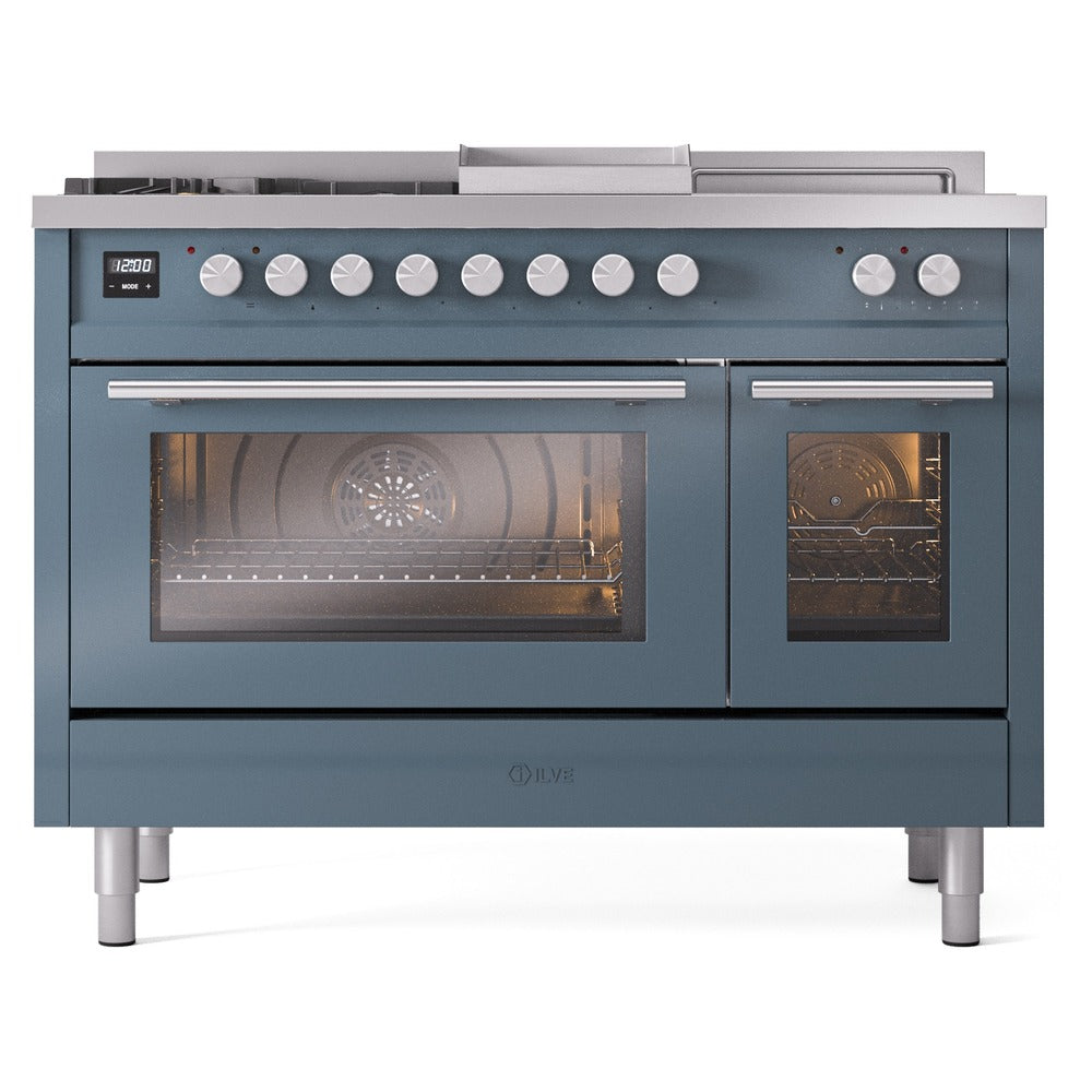 ILVE Professional Plus II 48" Dual Fuel Range with 5 Burners, Griddle and French Top Triple Glass Door Natural Gas