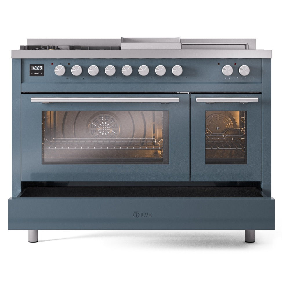 ILVE Professional Plus II 48" Dual Fuel Range with 5 Burners, Griddle and French Top Triple Glass Door Natural Gas