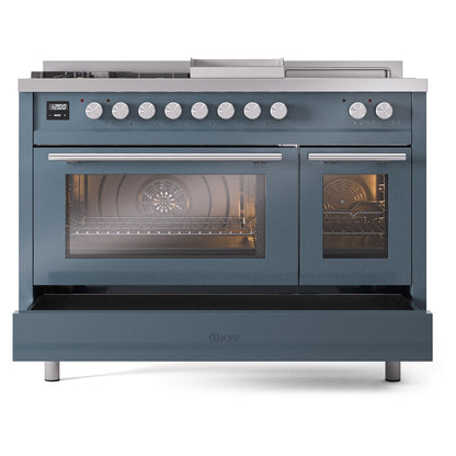 ILVE Professional Plus II 48" Dual Fuel Range with 5 Burners, Griddle and French Top Triple Glass Door Natural Gas