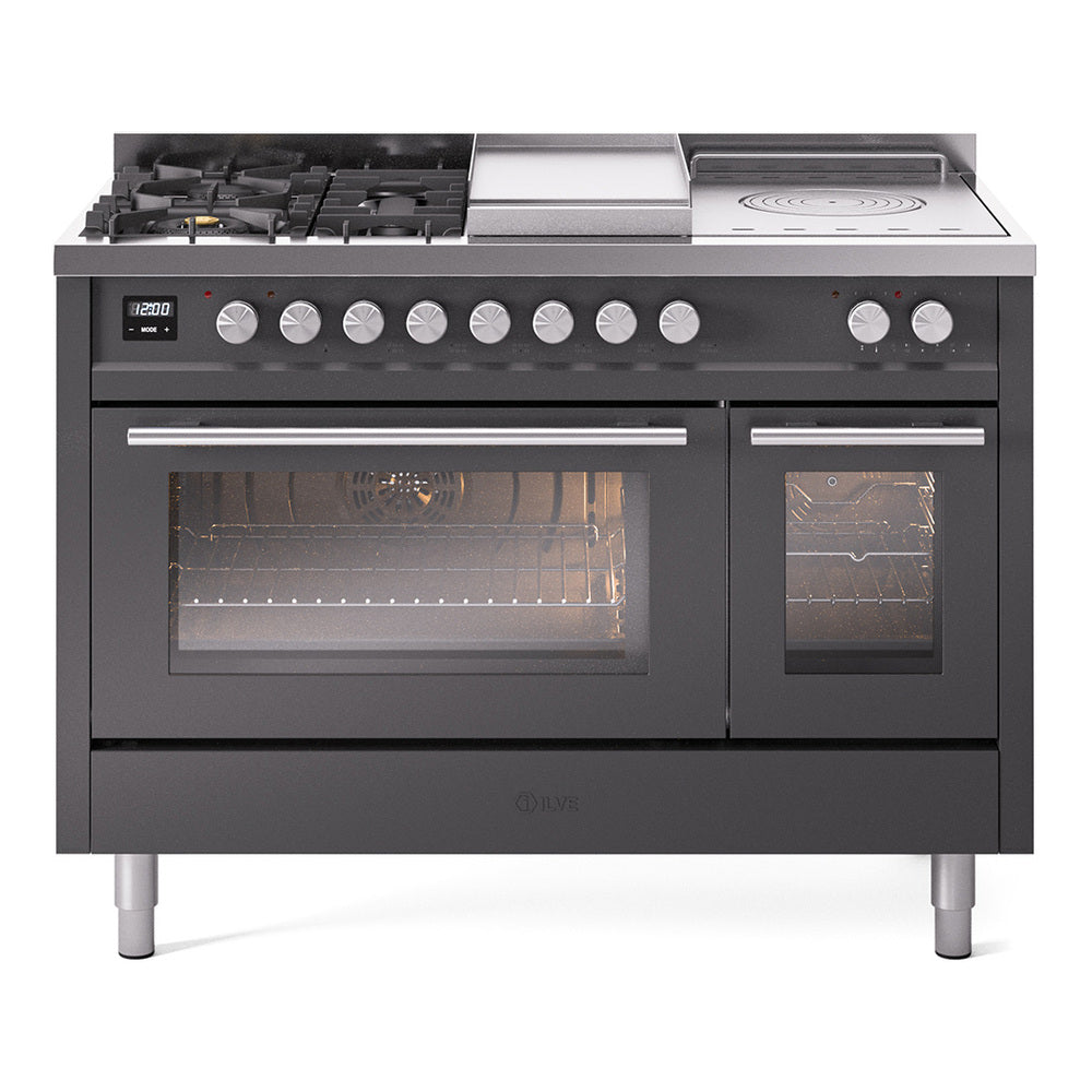 ILVE Professional Plus II 48" Dual Fuel Range with 5 Burners, Griddle and French Top Triple Glass Door Natural Gas