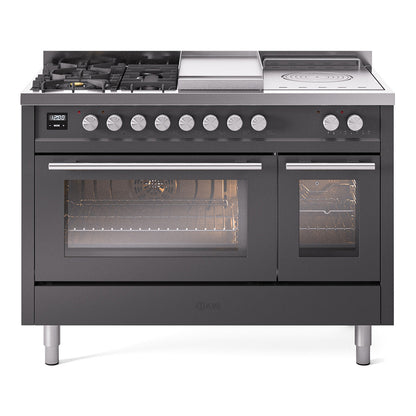 ILVE Professional Plus II 48" Dual Fuel Range with 5 Burners, Griddle and French Top Triple Glass Door Natural Gas