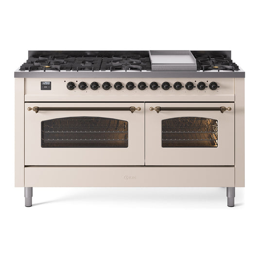 ILVE Nostalgie II 60" Antique White Dual Fuel Range with 9 Burners and Griddle Triple Glass Door Liquid Propane