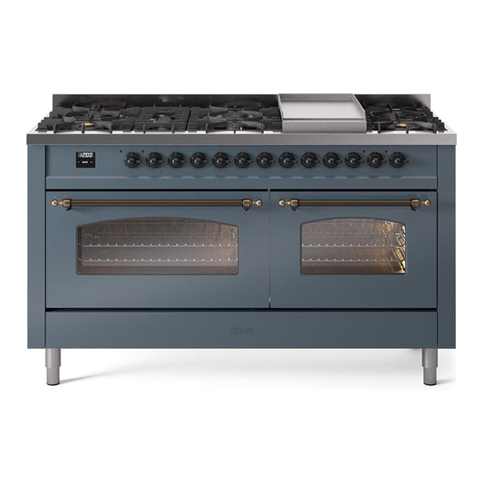 ILVE Nostalgie II 60" Blue Grey Dual Fuel Range with 9 Burners and Griddle Triple Glass Door Natural Gas