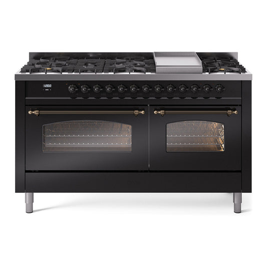 ILVE Nostalgie II 60" Glossy Black Dual Fuel Range with 9 Burners and Griddle Triple Glass Door Natural Gas