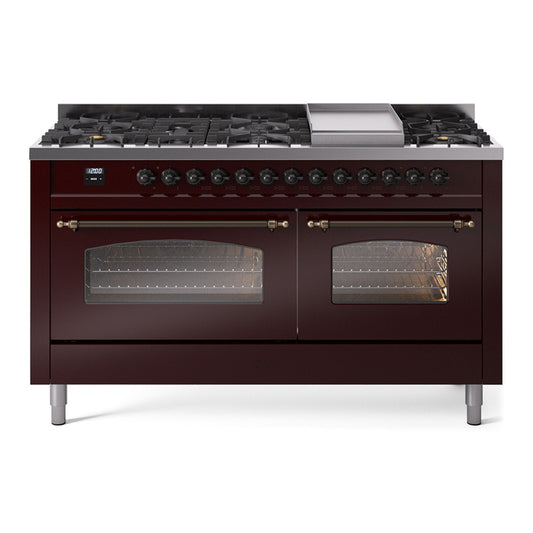 ILVE Nostalgie II 60" Burgundy Dual Fuel Range with 9 Burners and Griddle Triple Glass Door Liquid Propane