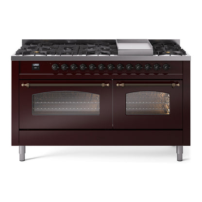 ILVE Nostalgie II 60" Burgundy Dual Fuel Range with 9 Burners and Griddle Triple Glass Door Natural Gas