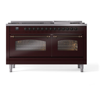 ILVE Nostalgie II 60" Burgundy Dual Fuel Range with 9 Burners and Griddle Triple Glass Door Natural Gas