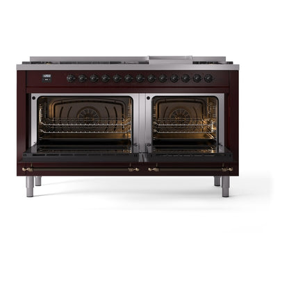 ILVE Nostalgie II 60" Burgundy Dual Fuel Range with 9 Burners and Griddle Triple Glass Door Natural Gas