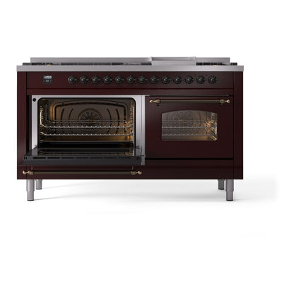 ILVE Nostalgie II 60" Burgundy Dual Fuel Range with 9 Burners and Griddle Triple Glass Door Natural Gas