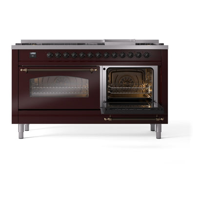 ILVE Nostalgie II 60" Burgundy Dual Fuel Range with 9 Burners and Griddle Triple Glass Door Natural Gas