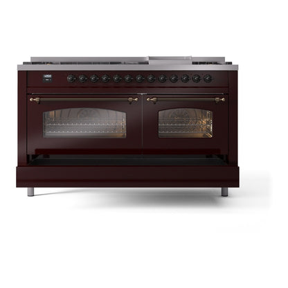ILVE Nostalgie II 60" Burgundy Dual Fuel Range with 9 Burners and Griddle Triple Glass Door Natural Gas