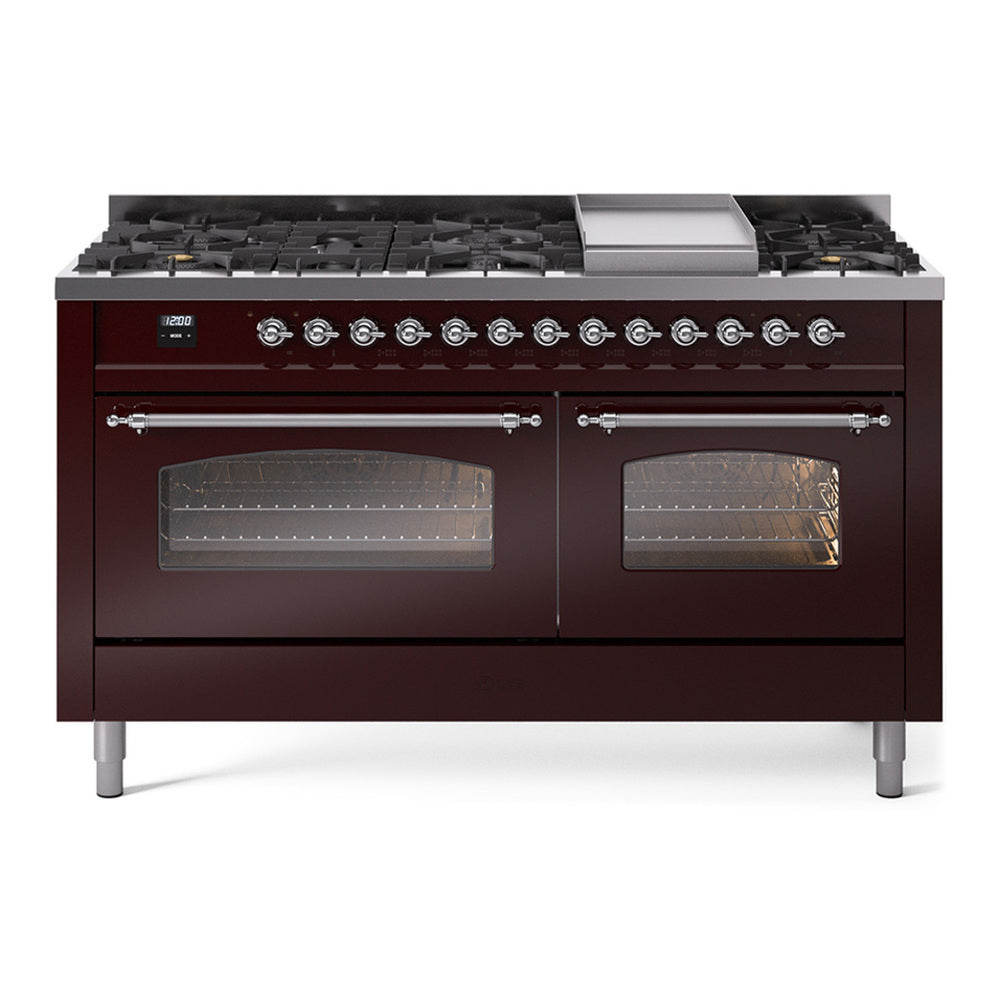 ILVE Nostalgie II 60" Burgundy Dual Fuel Range with 9 Burners and Griddle Triple Glass Door Natural Gas