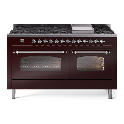 ILVE Nostalgie II 60" Burgundy Dual Fuel Range with 9 Burners and Griddle Triple Glass Door Natural Gas