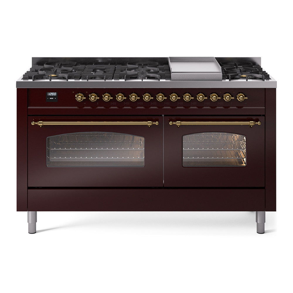 ILVE Nostalgie II 60" Burgundy Dual Fuel Range with 9 Burners and Griddle Triple Glass Door Natural Gas