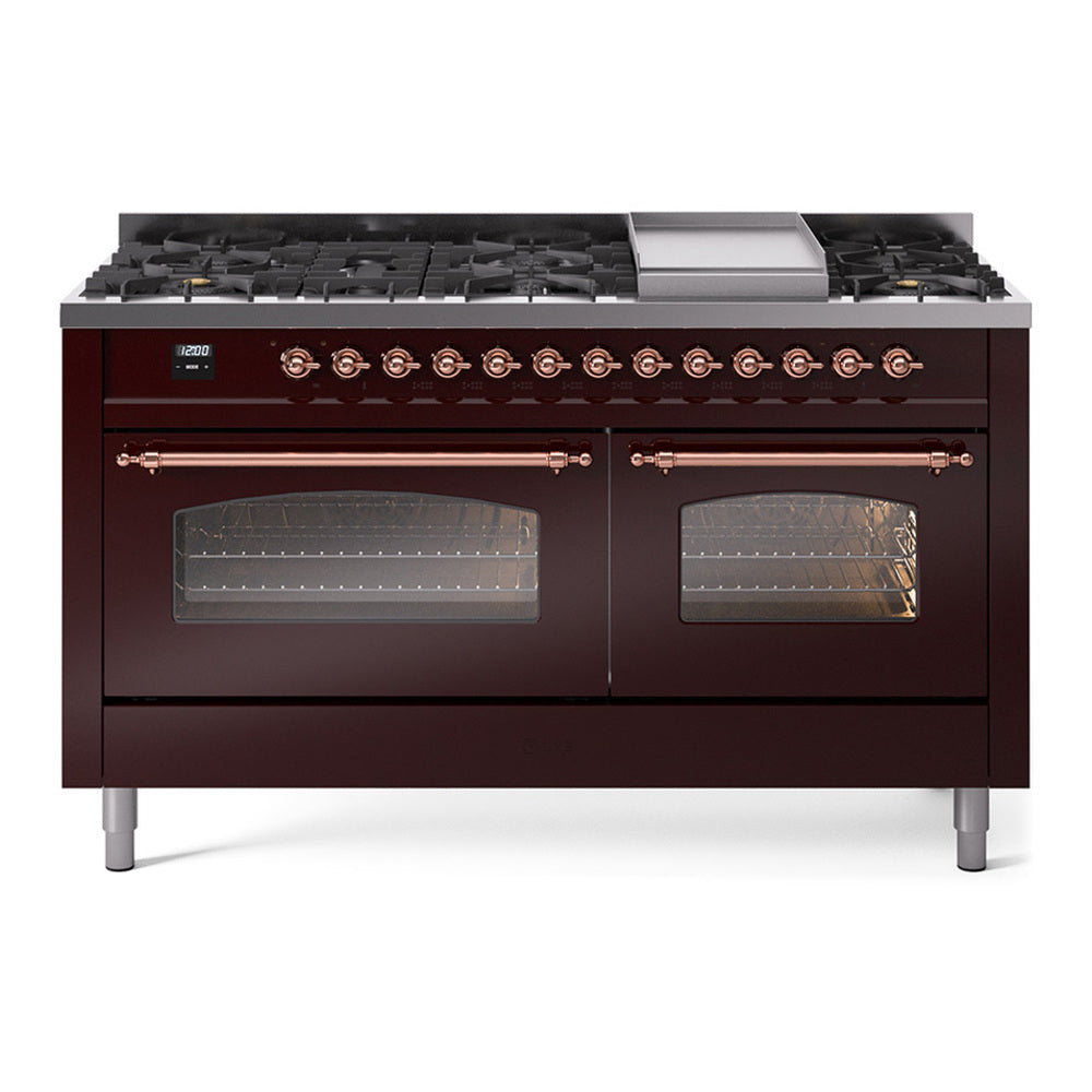 ILVE Nostalgie II 60" Burgundy Dual Fuel Range with 9 Burners and Griddle Triple Glass Door Natural Gas