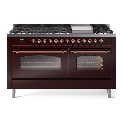 ILVE Nostalgie II 60" Burgundy Dual Fuel Range with 9 Burners and Griddle Triple Glass Door Natural Gas