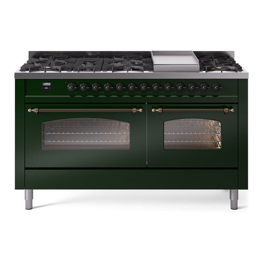 ILVE Nostalgie II 60" Emerald Green Dual Fuel Range with 9 Burners and Griddle Triple Glass Door Natural Gas