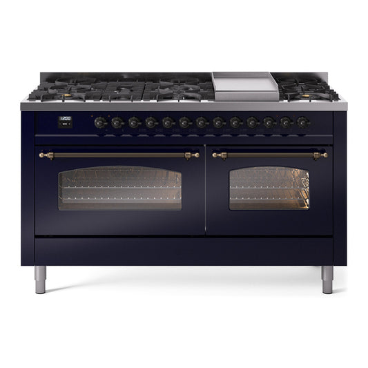 ILVE Nostalgie II 60" Midnight Blue Dual Fuel Range with 9 Burners and Griddle Triple Glass Door Liquid Propane