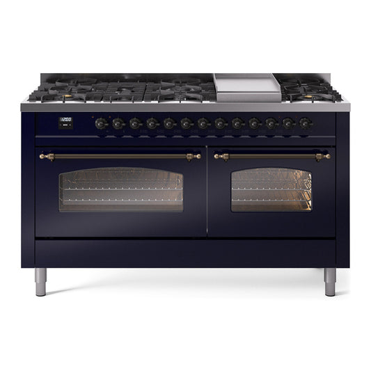 ILVE Nostalgie II 60" Midnight Blue Dual Fuel Range with 9 Burners and Griddle Triple Glass Door Natural Gas