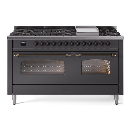 ILVE Nostalgie II 60" Graphite Matte Dual Fuel Range with 9 Burners and Griddle Triple Glass Door Liquid Propane