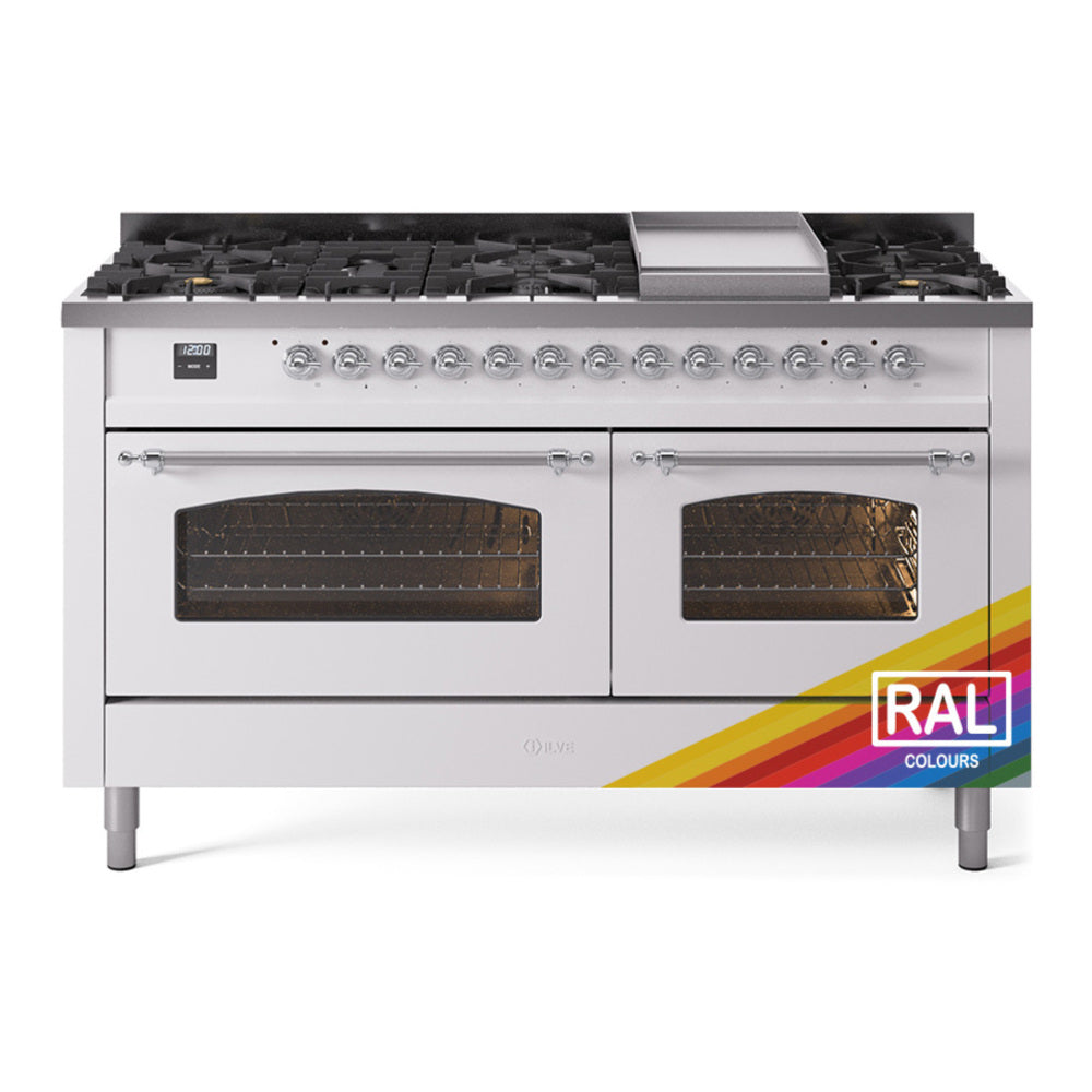 ILVE Nostalgie II 60" RAL Dual Fuel Range with 9 Burners and Griddle Triple Glass Door Natural Gas