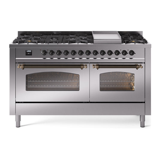 ILVE Nostalgie II 60" Stainless Steel Dual Fuel Range with 9 Burners and Griddle Triple Glass Door Natural Gas