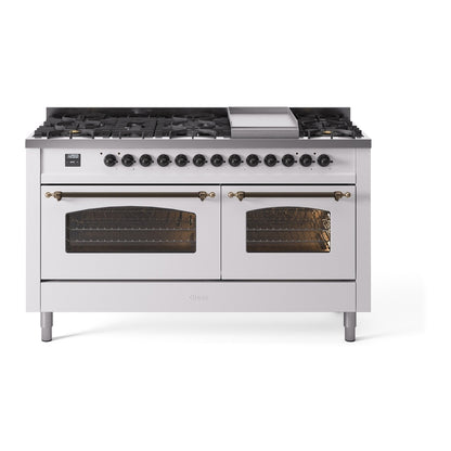 ILVE Nostalgie II 60" White Dual Fuel Range with 9 Burners and Griddle Triple Glass Door Liquid Propane